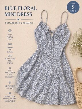 Blue Floral Tie Front Mini Dress | Cottagecore A-Line Sundress | Size S
